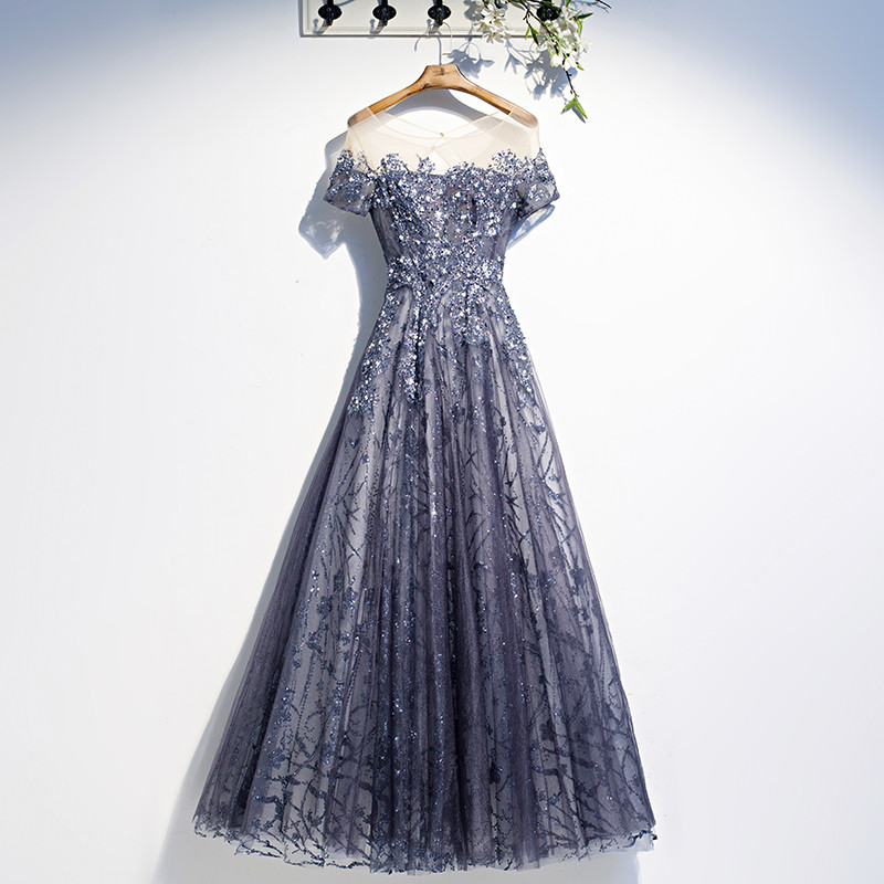 綺麗 青 半袖 スパンコール キラキラ パーティードレス 優雅 パーティー 演奏会 誕生日 二次会 前撮り 01313