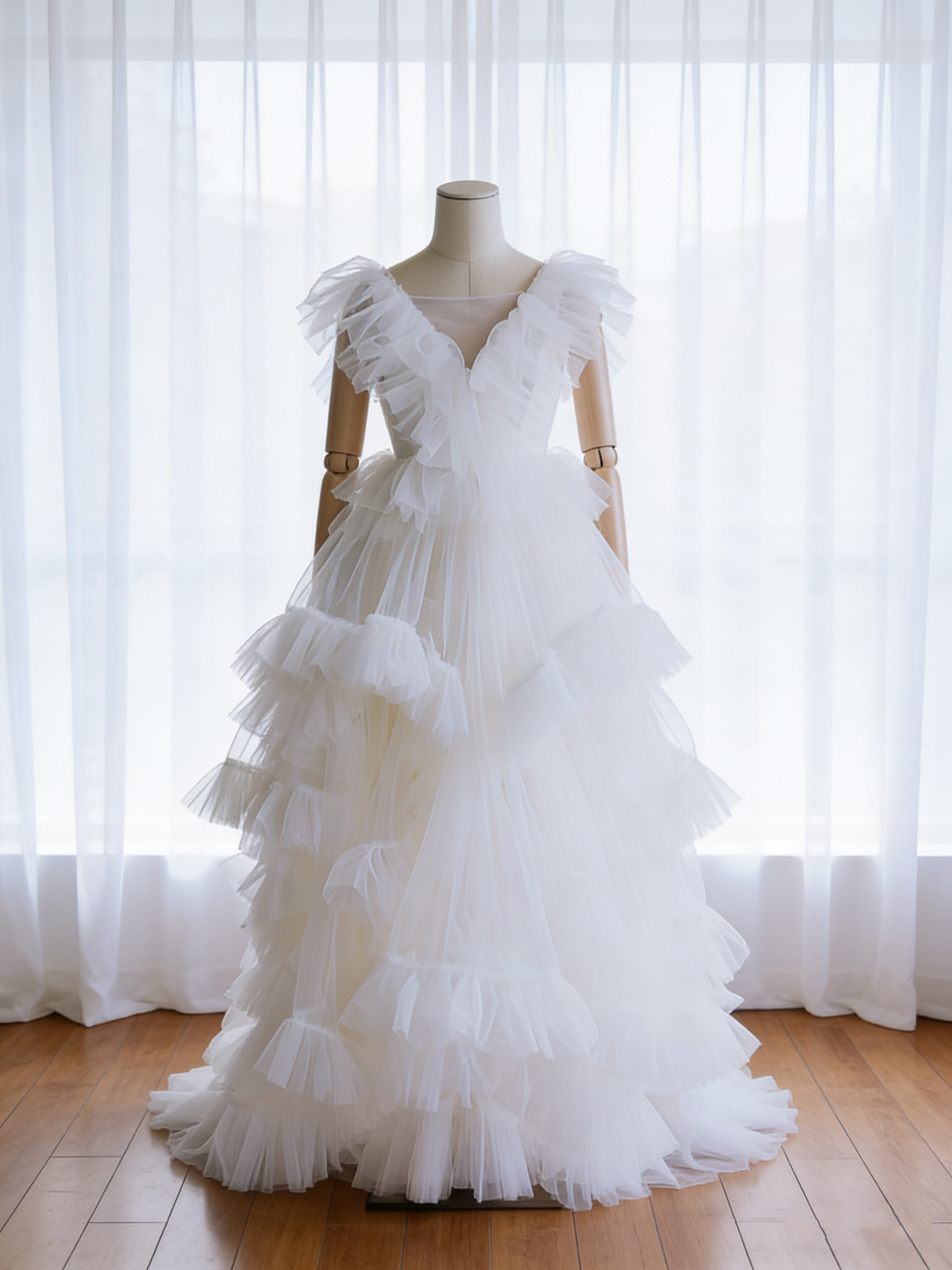 送料無料！ウエディングドレス オンショルダードレス アシンメトリードレス もこもこドレス ロング 披露宴