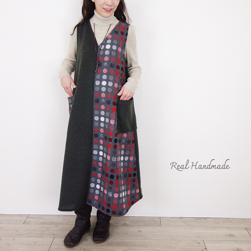 [予約販売] ソフトシャギーとマルチドット・襟Vワンピース　(お色はお選びください。備考欄へ）**旅行　重ね着　食事会