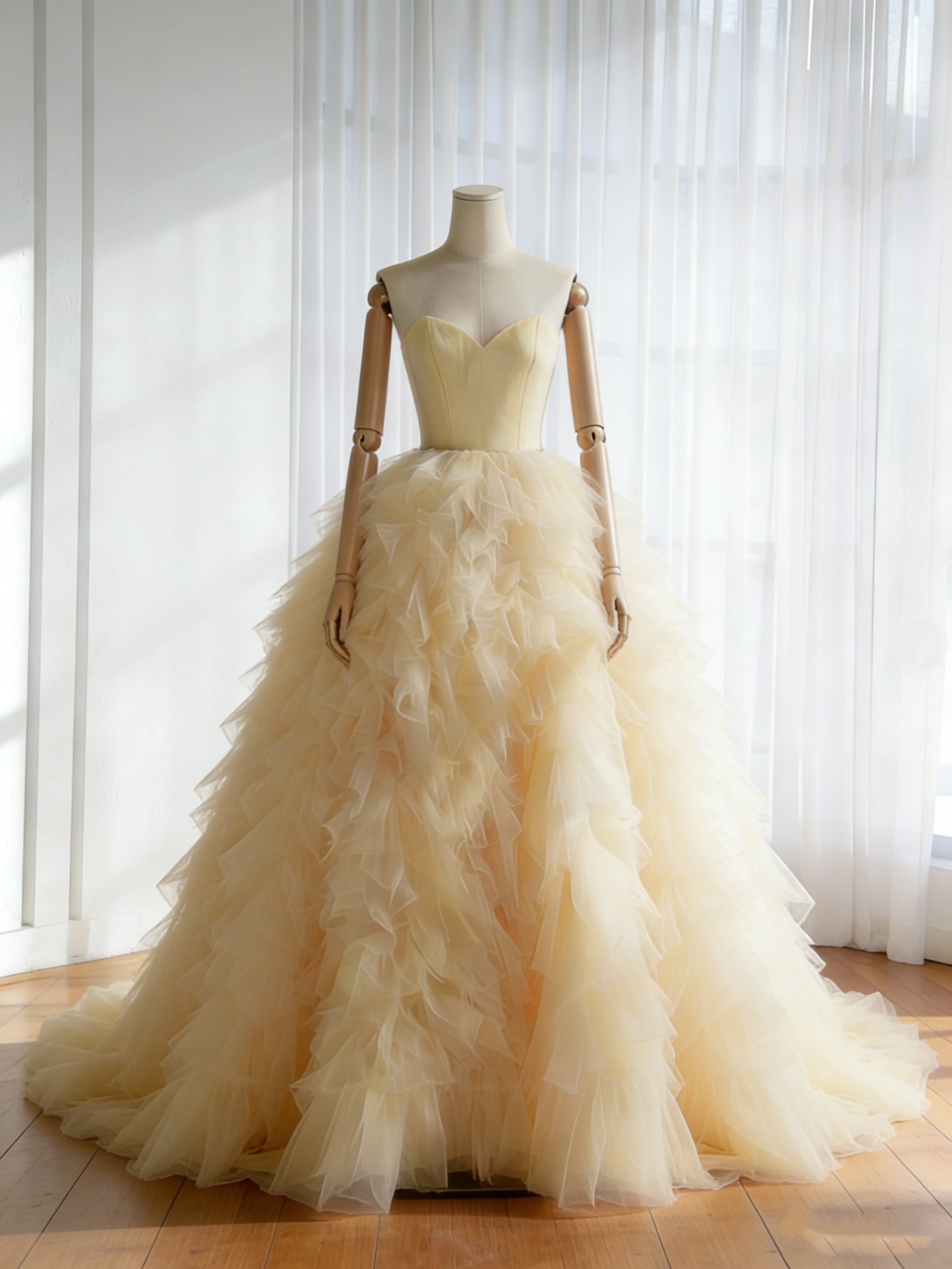 送料無料！カラードレス イエロー ベアトップ もこもこドレス プリンセスライン チュールスカート ブライダル 結婚式