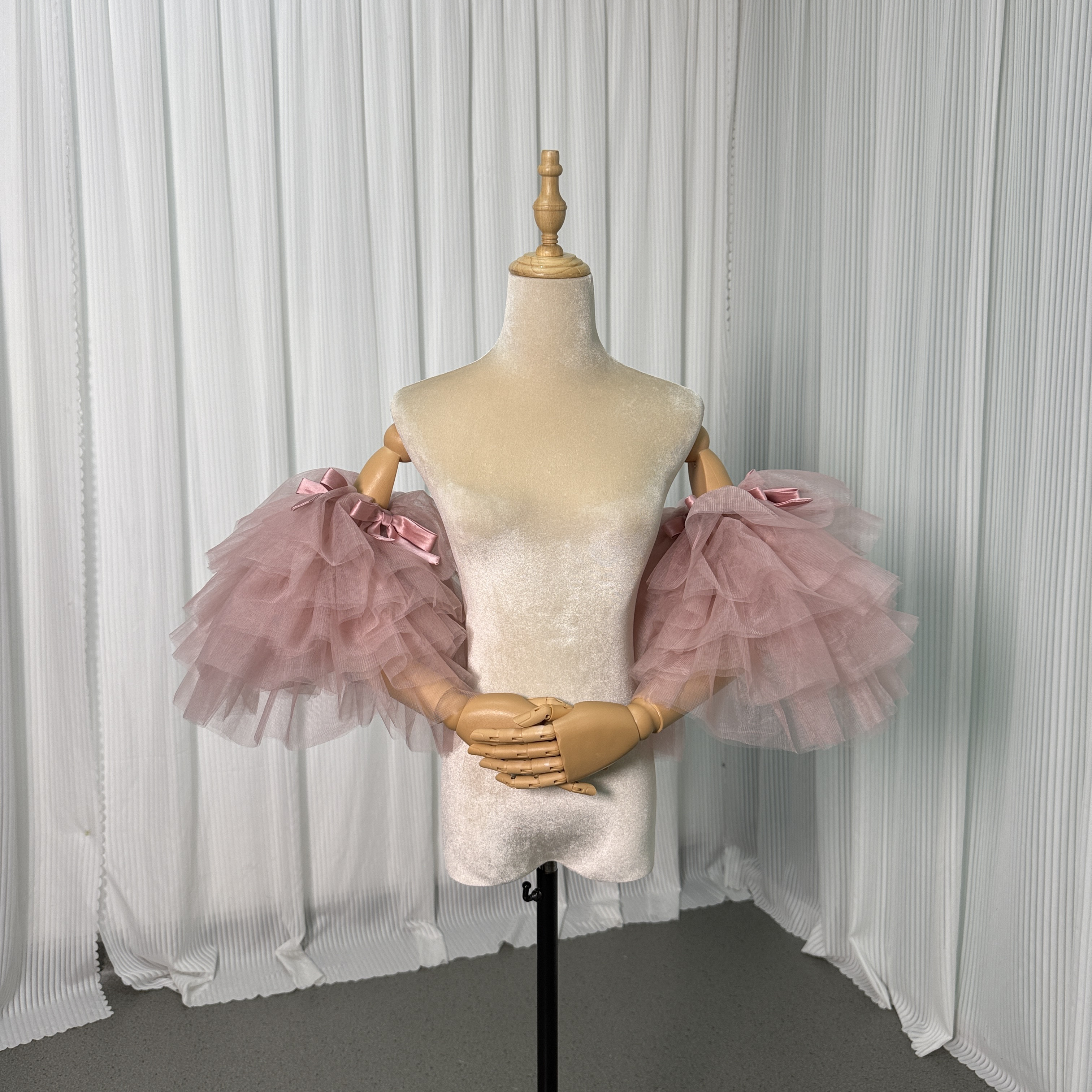 送料無料！取り外し可能な付け袖 薄ピンク リボン ストレッチ 姫袖 パフスリーブ ソフトチュール 花嫁