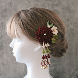 【えんじ】クリップ付きかんざし ★ つまみ細工　髪飾り　成人式　結婚式　卒業式　七五三　ウェディング　色打掛　浴衣 2枚目の画像