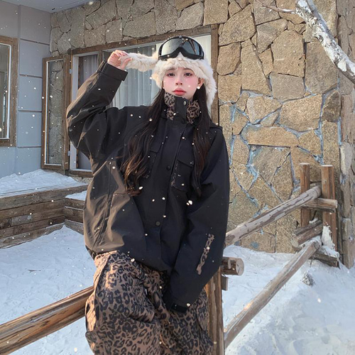 限定セール スノボウェア 上下セット ヒョウ柄 黒 撥水 3L メンズ