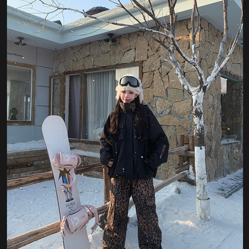 限定セール スノボウェア 上下セット ヒョウ柄 黒 撥水 3L メンズ