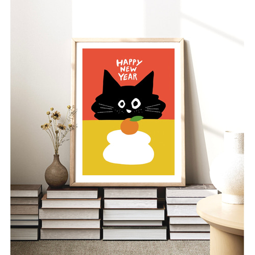Kuroneko Kagamimochi 】 :/178/ 北欧風 アートポスター 黒猫 ねこ