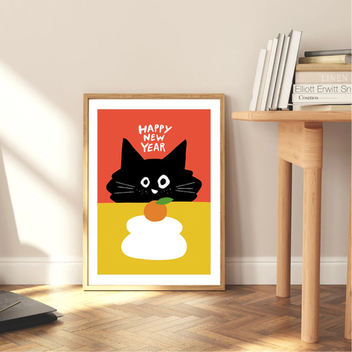 Kuroneko Kagamimochi 】 :/178/ 北欧風 アートポスター 黒猫 ねこ