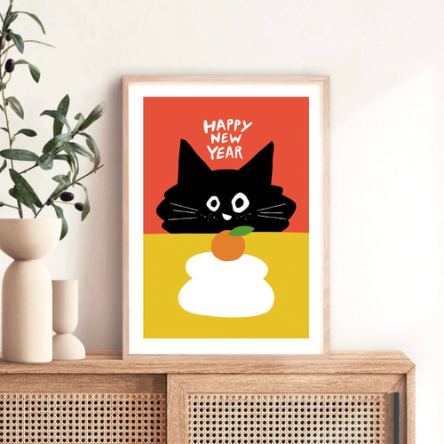 Kuroneko Kagamimochi 】 :/178/ 北欧風 アートポスター 黒猫 ねこ