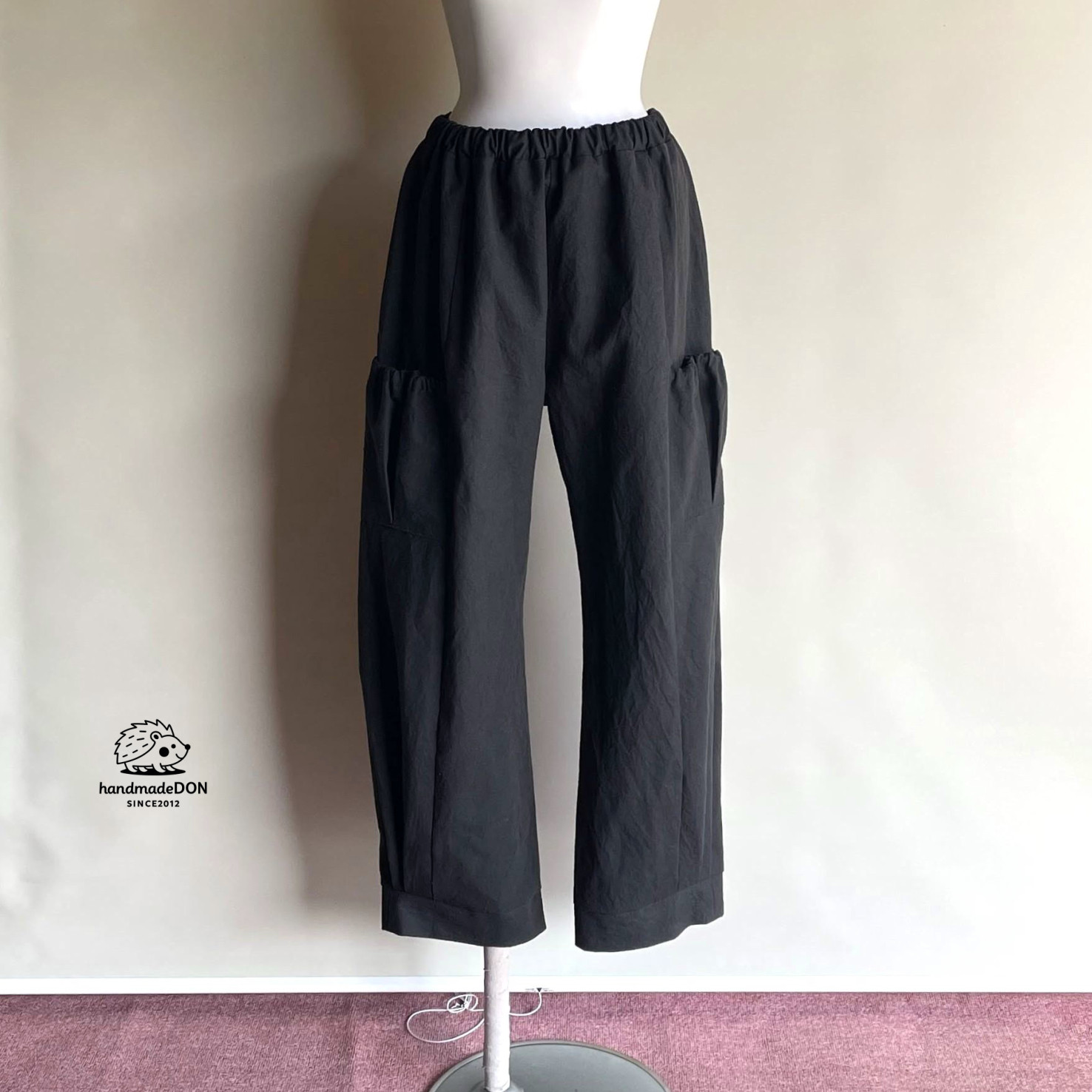 【ヴィンテージハーフ】◆サイドポケットパンツ　ワイドロング◆チャコール◆フリーサイズ（ハーフリネン）