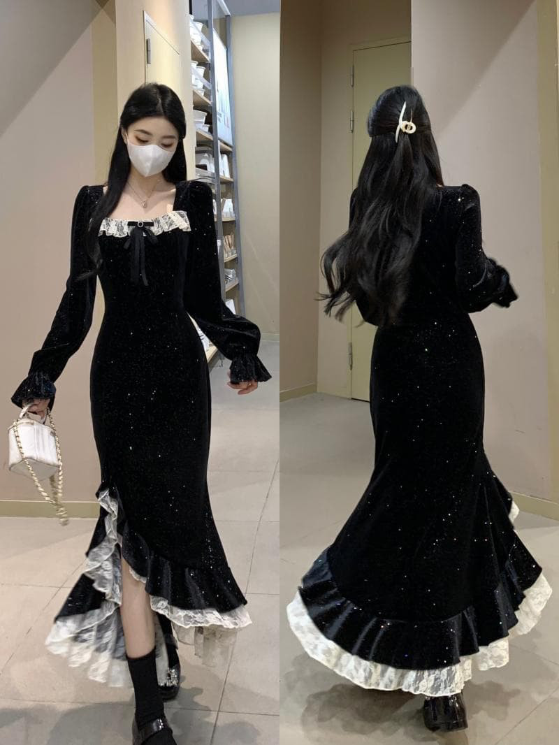 新品 秋冬 大きいサイズ マーメイドベルベットドレス 黒 ワンピース