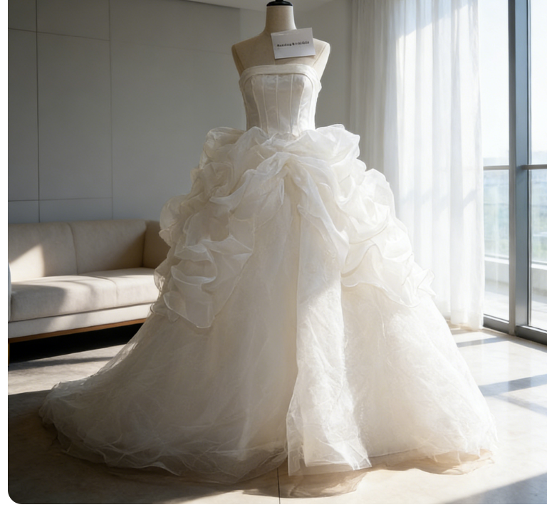 優れたファッション感覚  オフホワイトストラップレスウェディング  ウエストのレイヤードチュールで優雅さ 結婚式