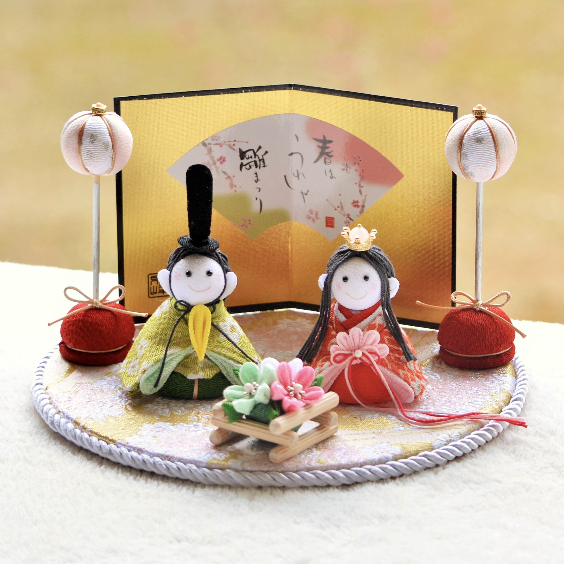 「ちりめん細工ひな人形　天然石冠付き桜雛」7点セット　春の超早割2026 ひなまつり2026 初節句