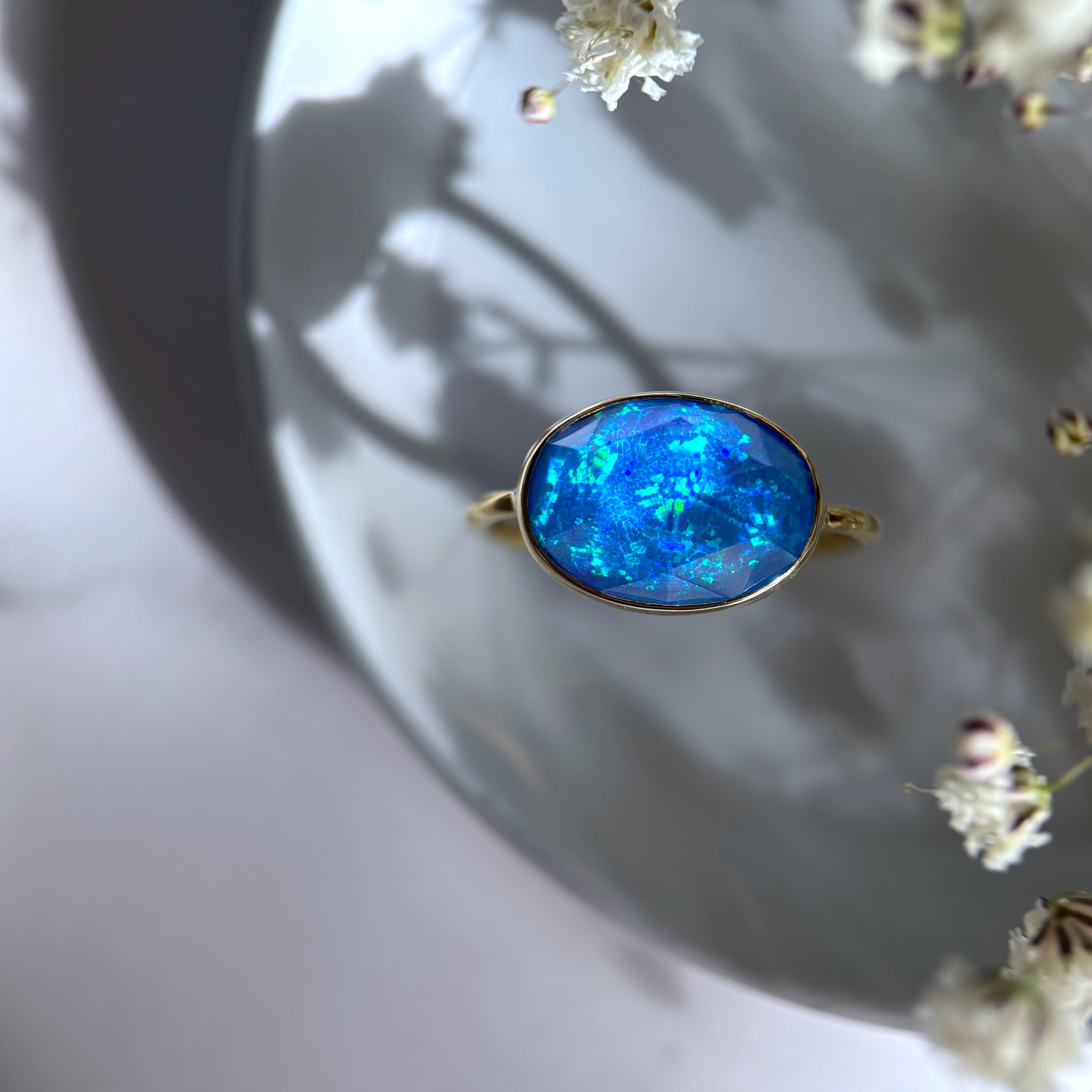 【受注制作】ブルー京都オパール×クリスタルクォーツのリング（真鍮・silver950）