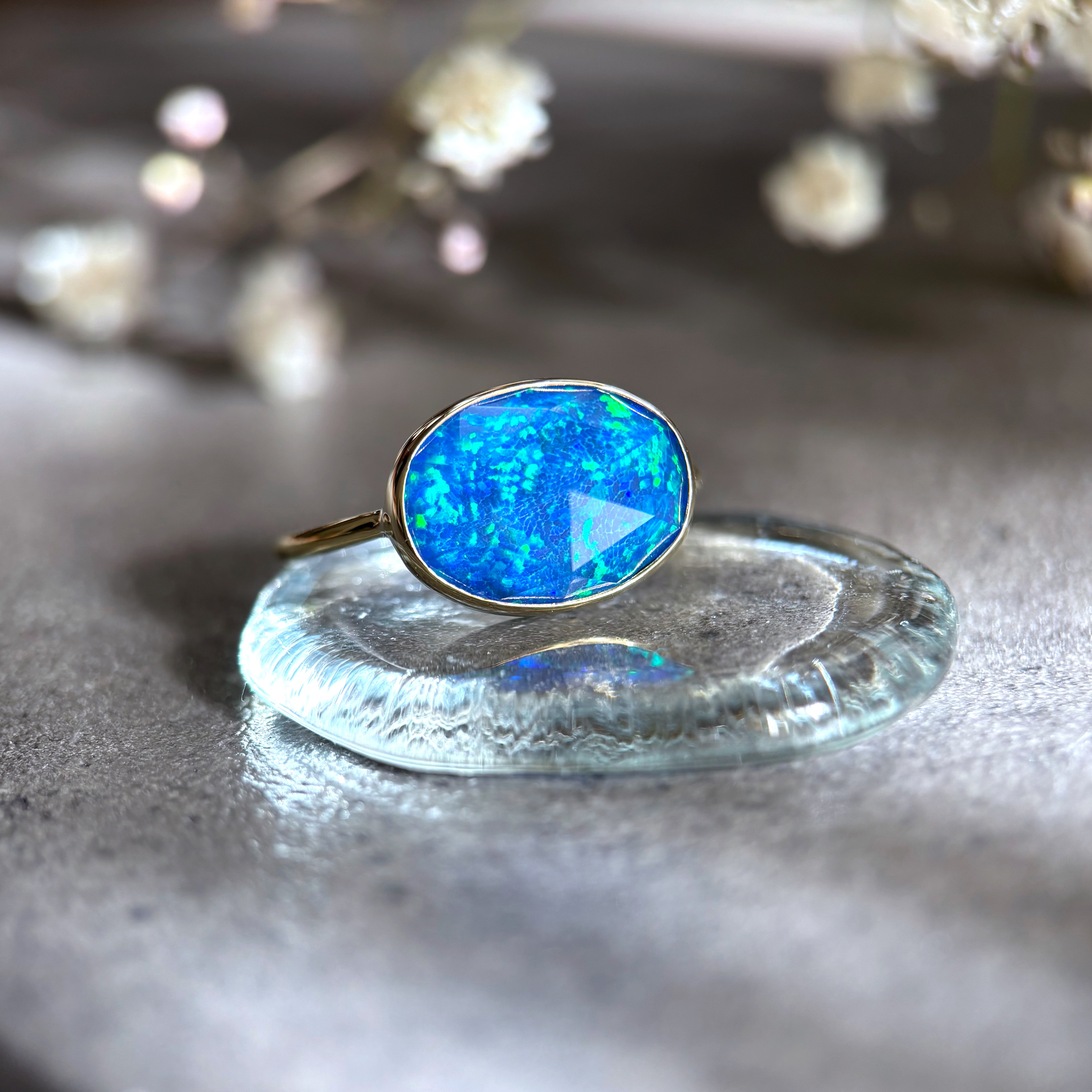 【受注制作】ブルー京都オパール×クリスタルクォーツのリング（真鍮・silver950）