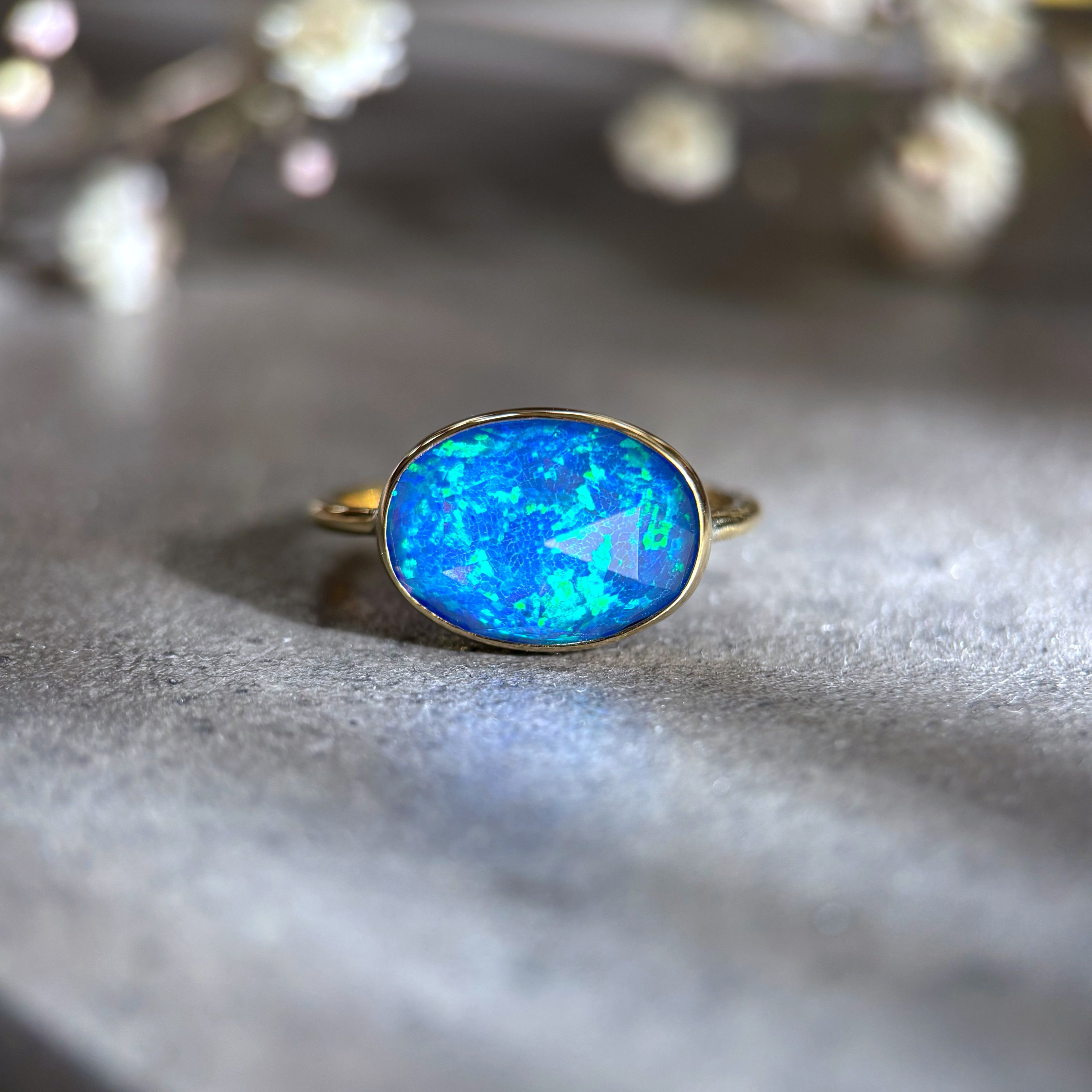 【受注制作】ブルー京都オパール×クリスタルクォーツのリング（真鍮・silver950）