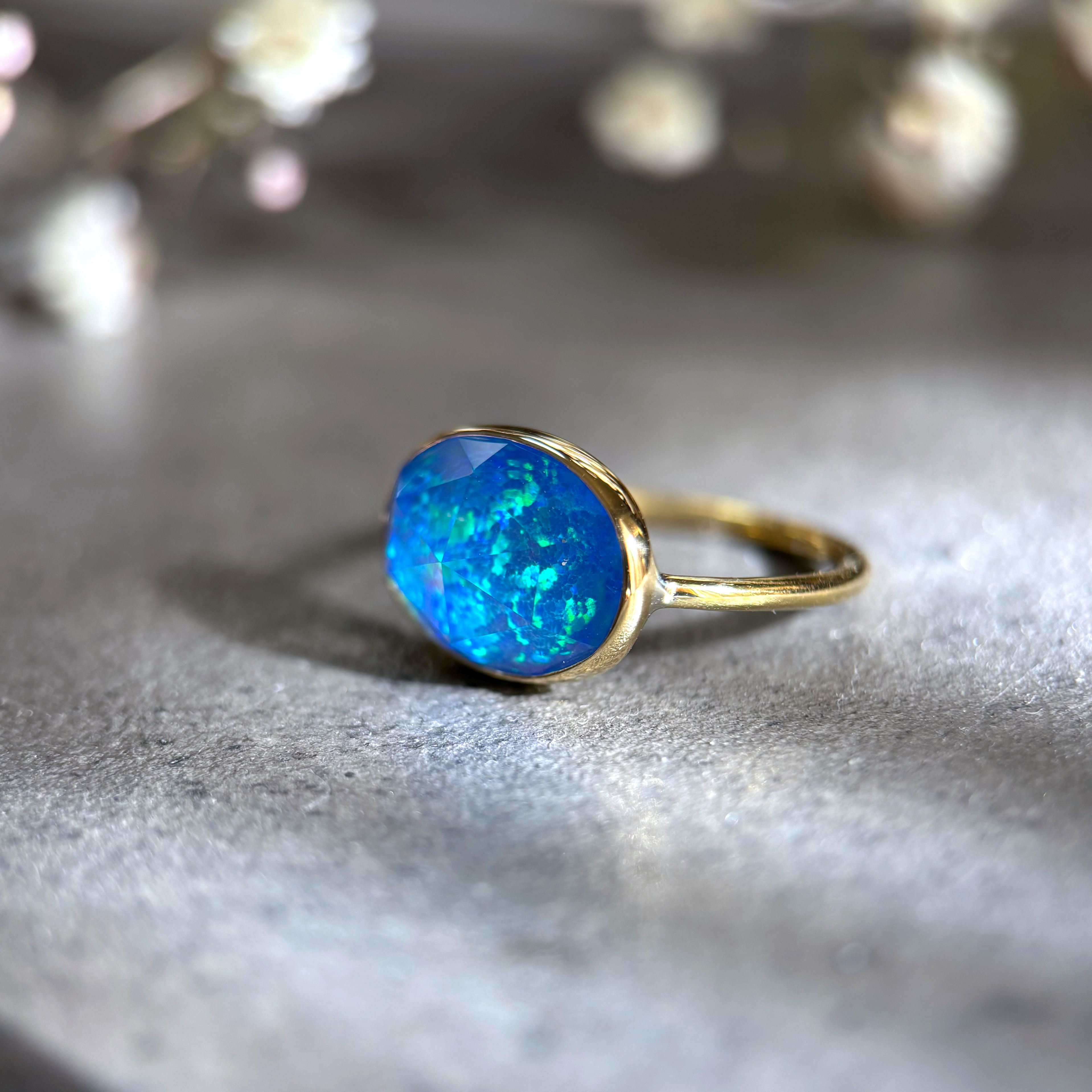 【受注制作】ブルー京都オパール×クリスタルクォーツのリング（真鍮・silver950）