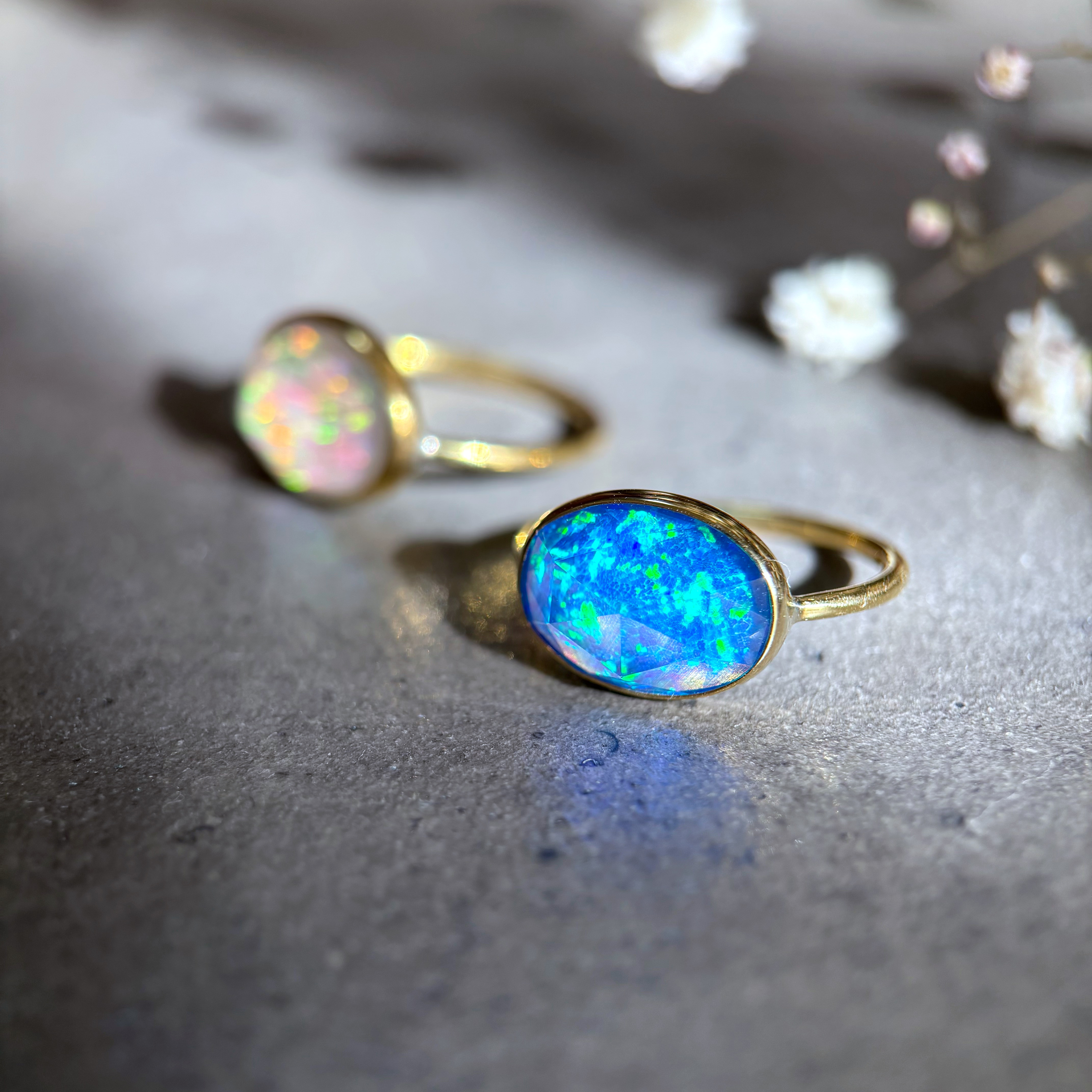 【受注制作】ブルー京都オパール×クリスタルクォーツのリング（真鍮・silver950）