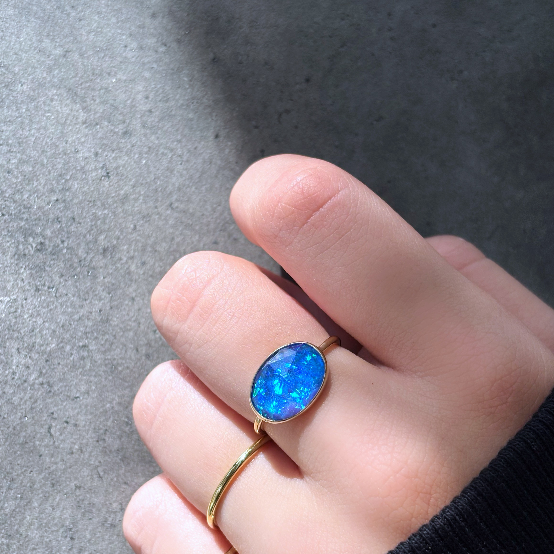 【受注制作】ブルー京都オパール×クリスタルクォーツのリング（真鍮・silver950）