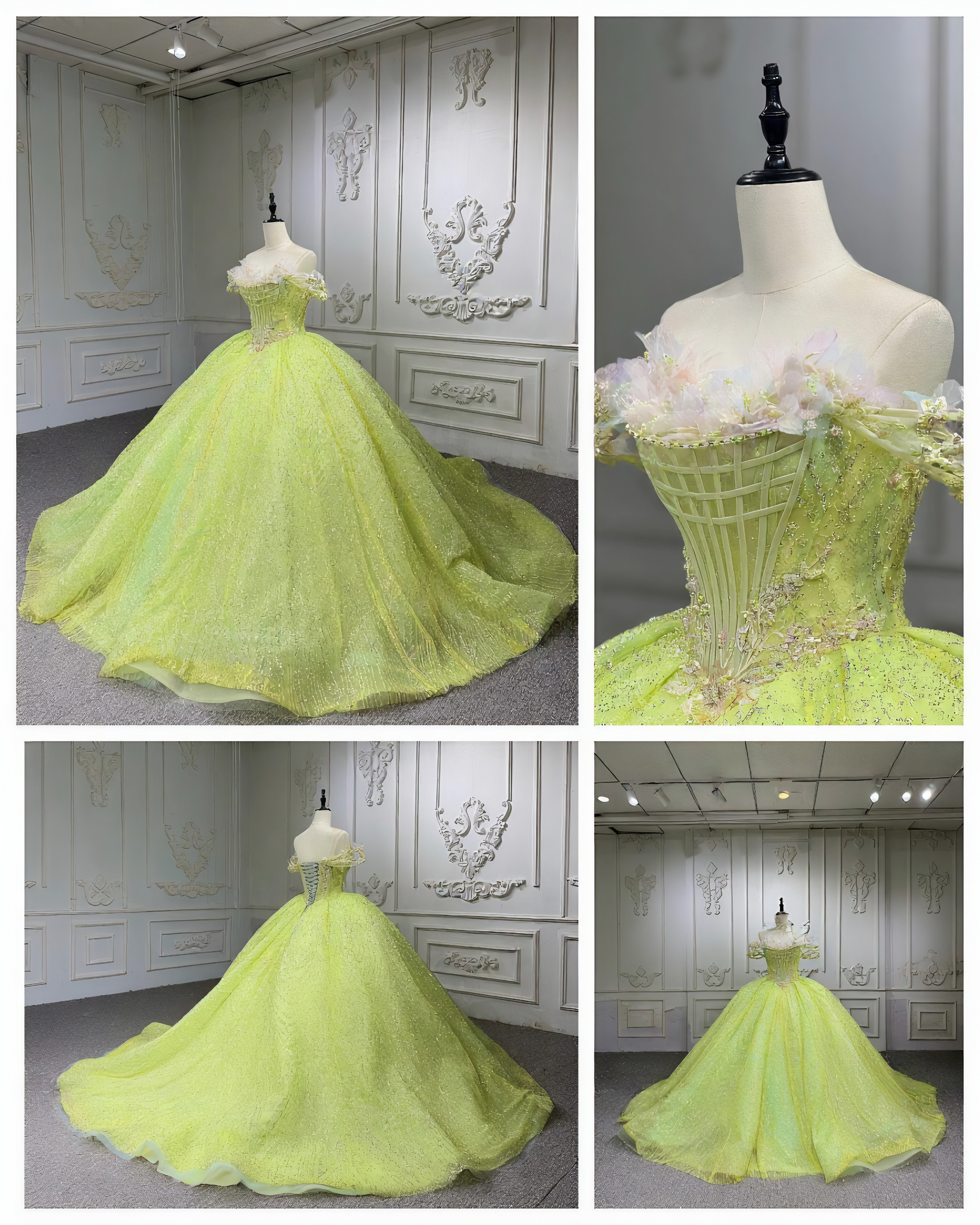 イエローグリーン黄緑　オフショルダー　短いトレーン　グッリタースカート　お花飾り可愛いパーティードレス　成人式コンテスト