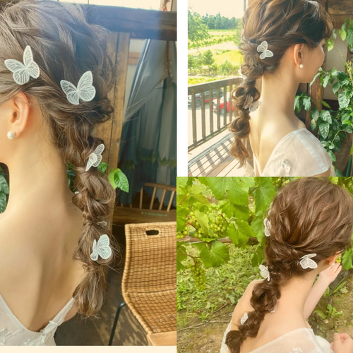 結婚式・前撮り】蝶々ヘアピン 3本セット（白／ベージュ）ブライダル