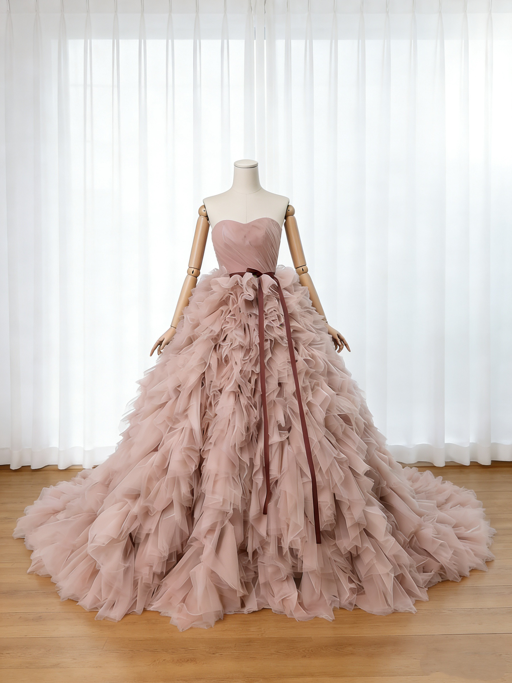 送料無料！カラードレス ベアトップ ピンク もこもこドレス プリンセスライン サッシュベルト 花嫁/ウェディングドレス