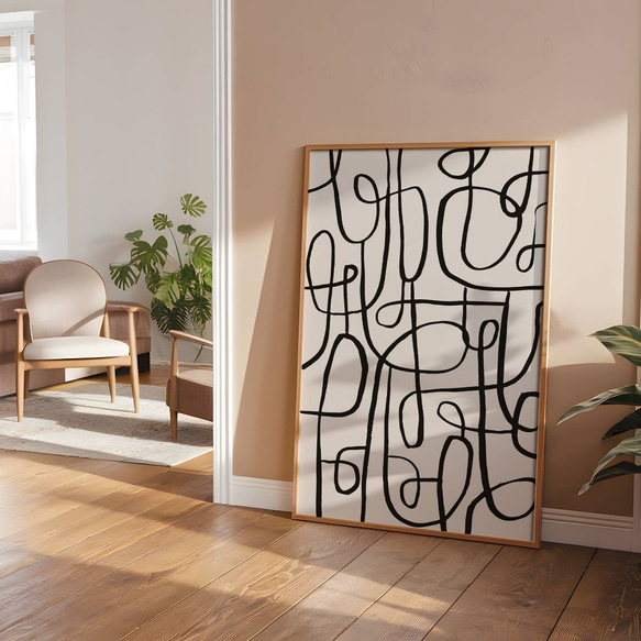 アートポスター 抽象画 ラインアート おしゃれ モノクロ 白黒 曲線デザイン モダンアート インテリア 3枚目の画像
