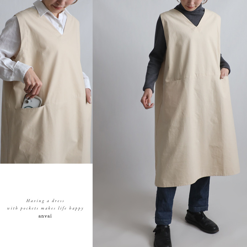 新作　１１０cｍ　Ｖネック 大きなポケット付ワンピース ジャンスカ　ベビーキャンバス コットン　アイボリーB19