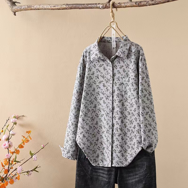 【着回し抜群/ゆったり】小花柄プリント長袖シャツ / 体型カバー / ブラウス / ナチュラル / レトロ / 秋冬