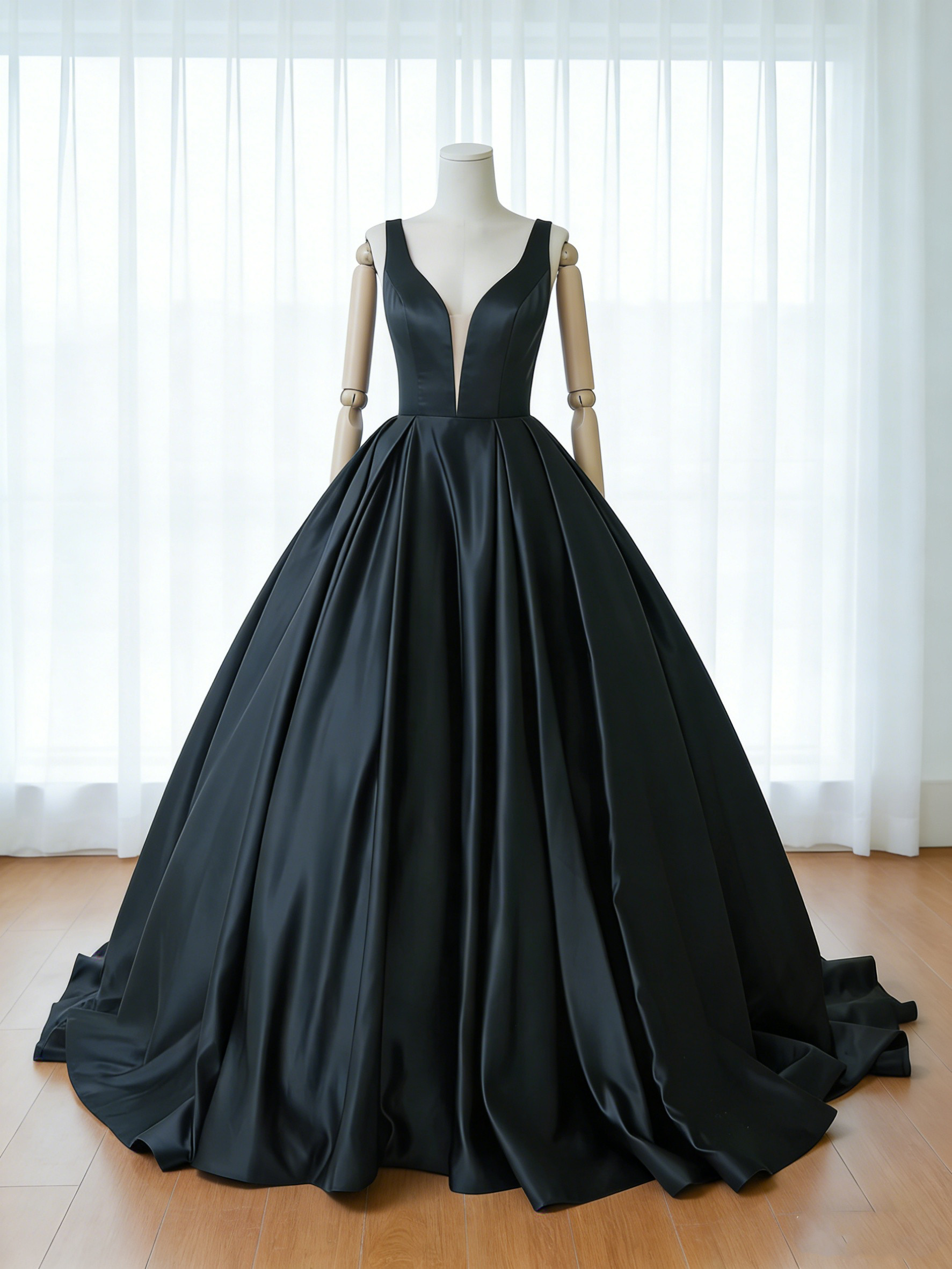 送料無料！カラードレス ブラック Vネックドレス 光沢サテン ノースリーブ 前撮り エレガント