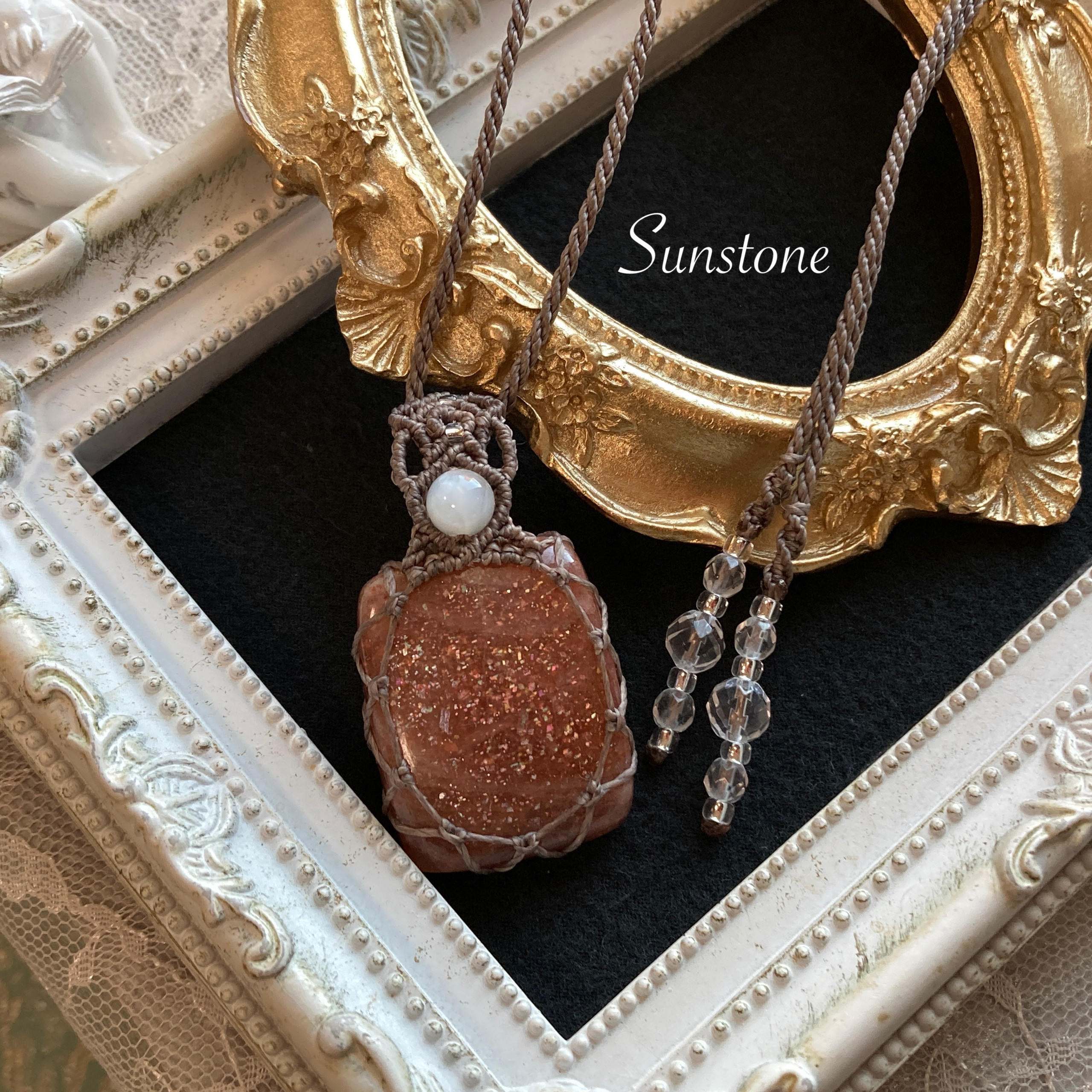 サンストーン　マクラメネックレス　金属アレルギー対応　ネックレス