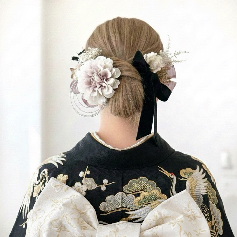 成人式髪飾り【銀箔付き】成人式　卒業式　和装　黒リボン