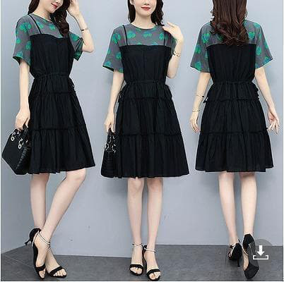 大きいサイズ レディース 春 夏 ワンピース　重ね着風　新品 半袖　グリーン