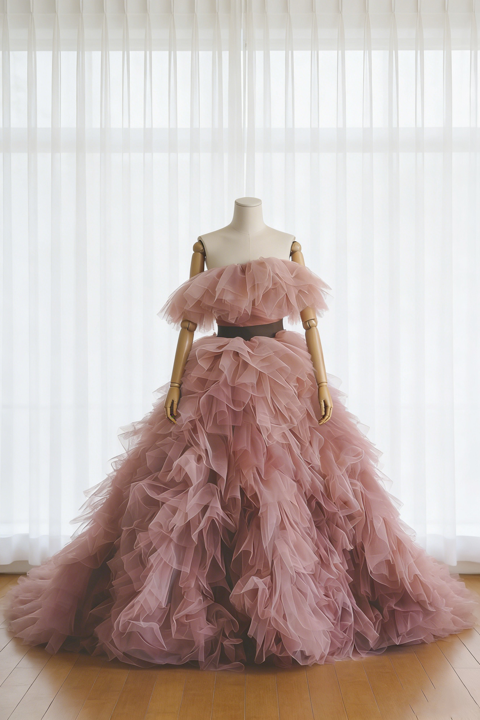 送料無料！カラードレス ピンク 3ways 取り外しオフショルダー もこもこドレス 編み上げ 華やか 結婚式 花嫁