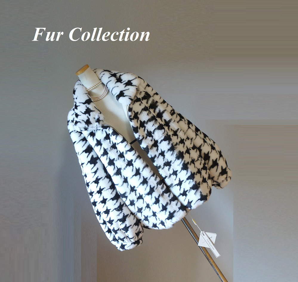 気品と大人の可愛らしさを纏う☆千鳥格子柄リアルファーコートホワイトファーコート白黒新品1点物ふわふわ柔らかい　モノトーン