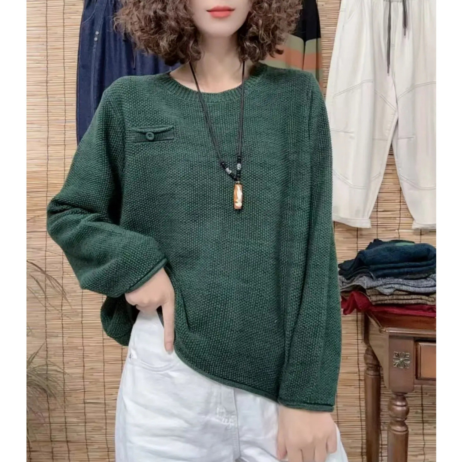 深緑色 ゆったり ニット★丸首 長袖 ポケット付き ナチュラル 森ガール風