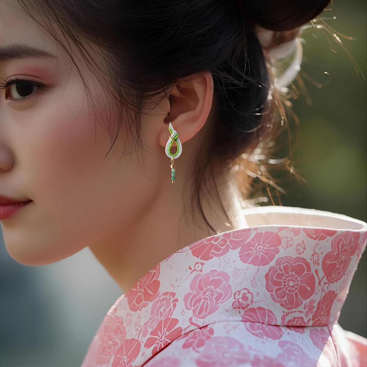 一雫こぼれ　和装ピアス　－　ひとめぼれ　－　絹巻水引 × 天然石（エメラルド） × Silver925 (K18GP)