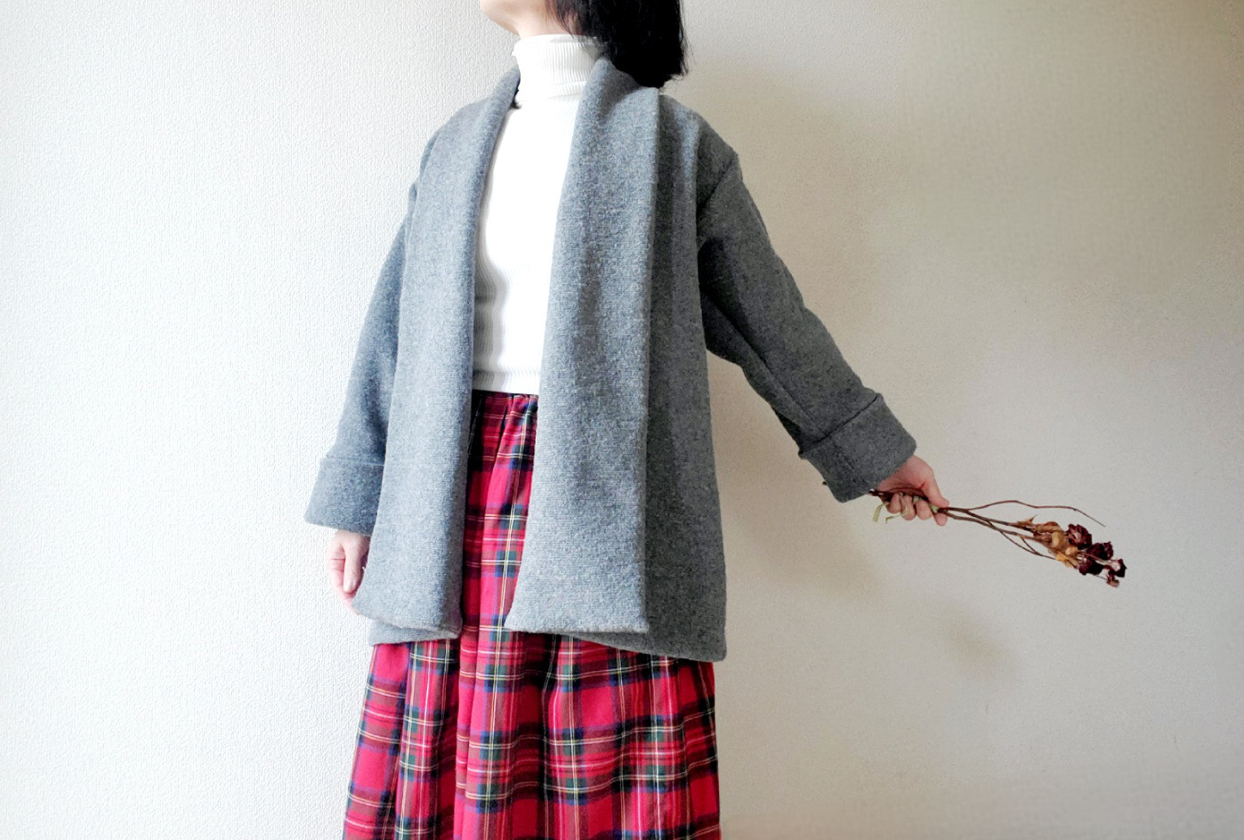 【新作数量限定】洗える！ふんわりほっこりあたたかい♡タキシードカラーのゆったりしたカーディガンコート　wool混　グレー