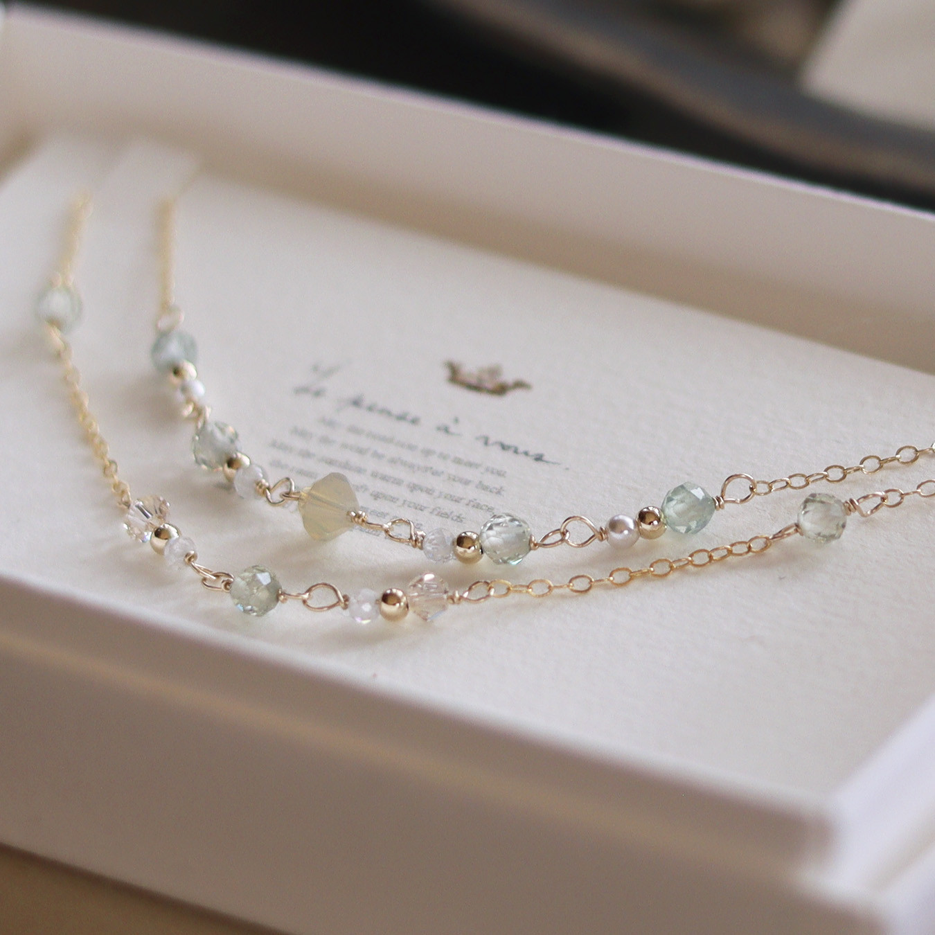 ジルコン・12月誕生石・Jardin/14KGF 2連ブレスレット・ブルーグリーン