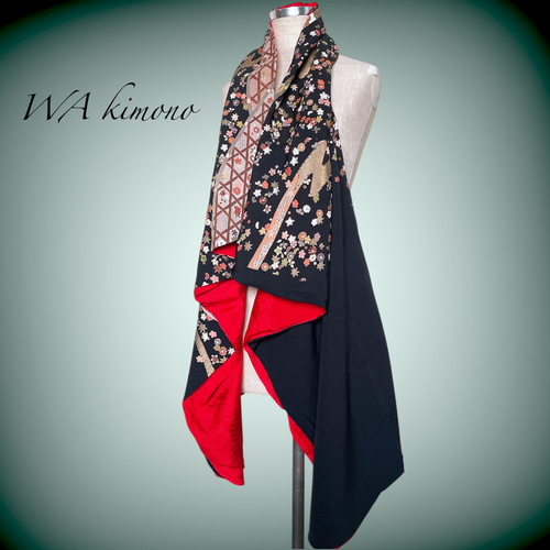 留袖 裏赤 スクエア変型ジレ 着物リメイクリバーシブル和柄 J71113 裏赤 留袖 リバーシブル スクエア変型ジレ 着物リメイク カーディガン