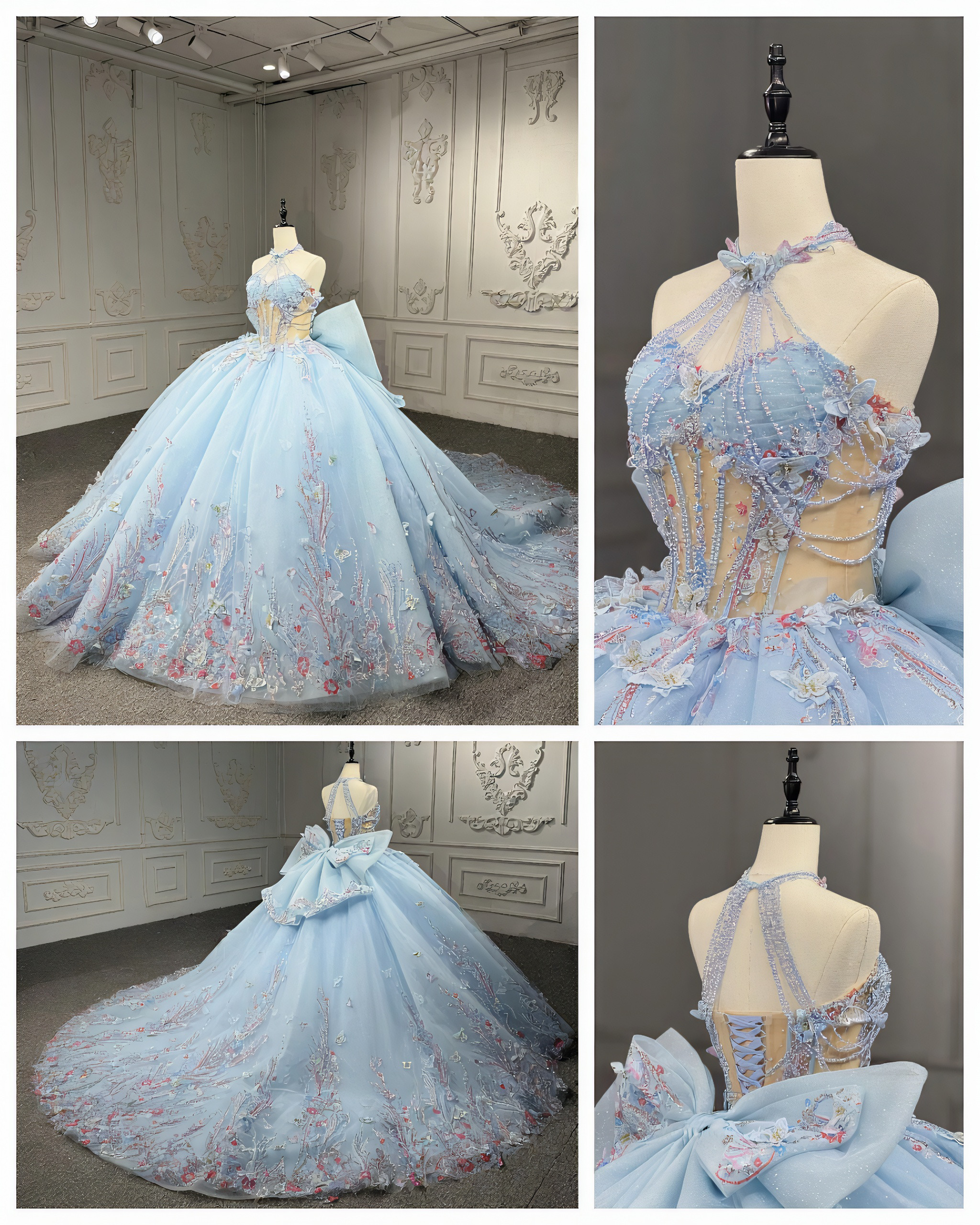 柔らかいブルー　蝶々　ホルターネック　ふんわり多層チュール　ボリューム感　トレーン　編み上げサイズオーダー可能ブライダル