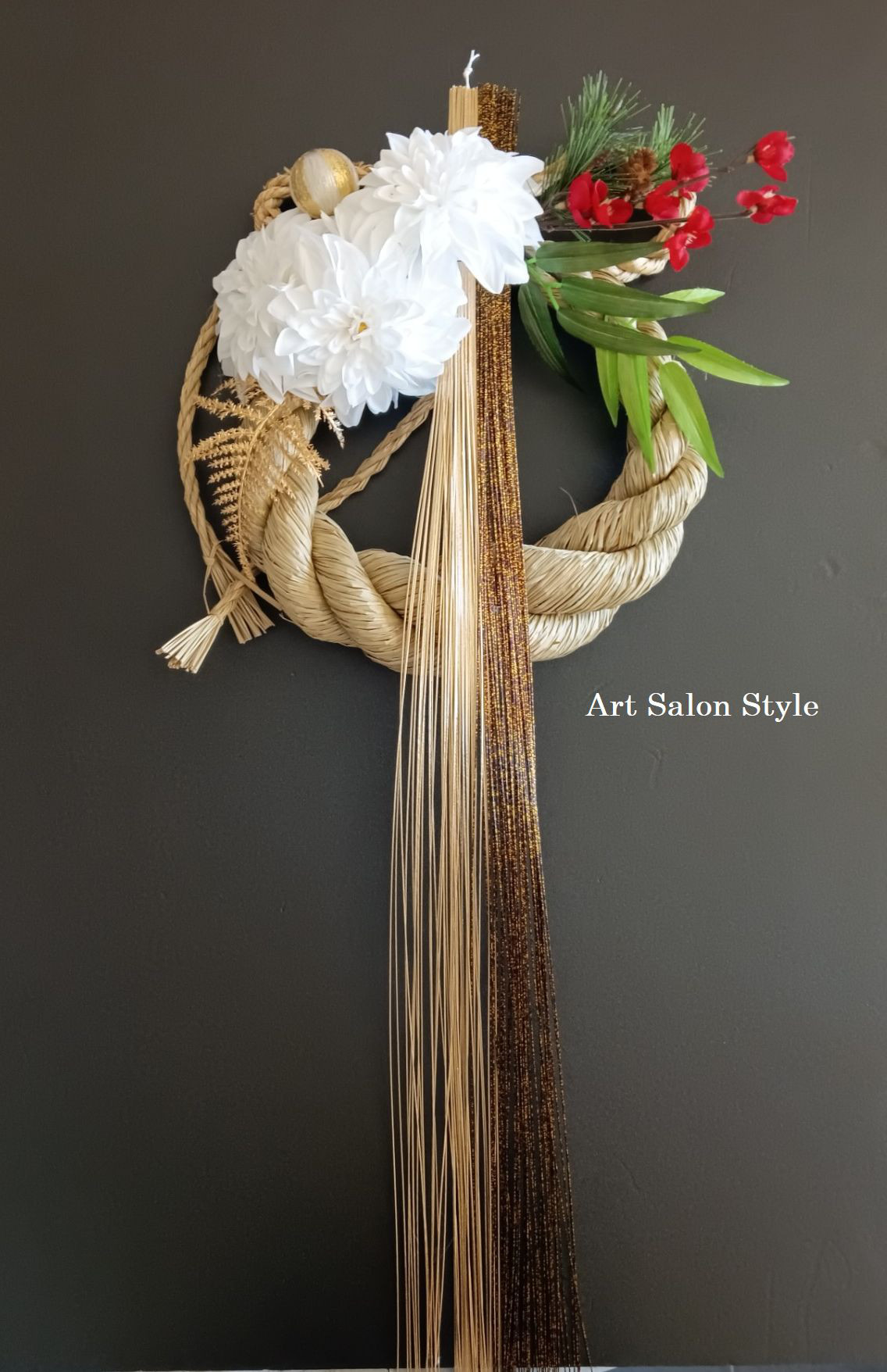 「福寿」しめ縄に白ダリアと松竹梅　特大サイズ