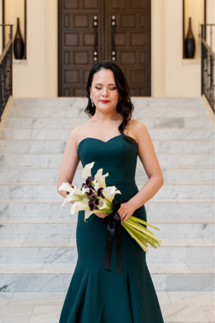 送料無料！パーティードレス クレープ生地 マーメイドライン グリーン  ベアトップ ファスナー 前撮り