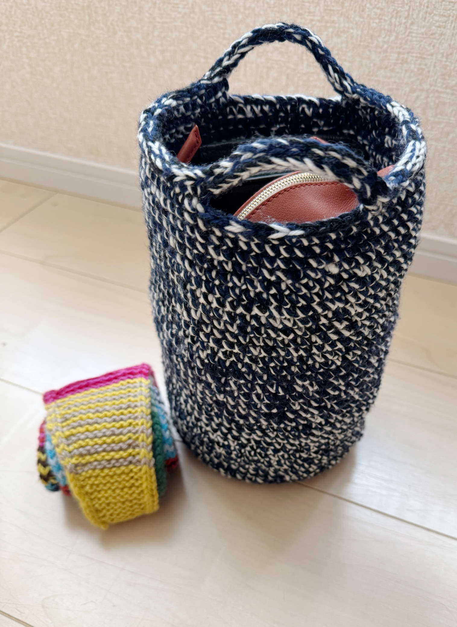 No.227_3色バケツ型手編みバッグ
