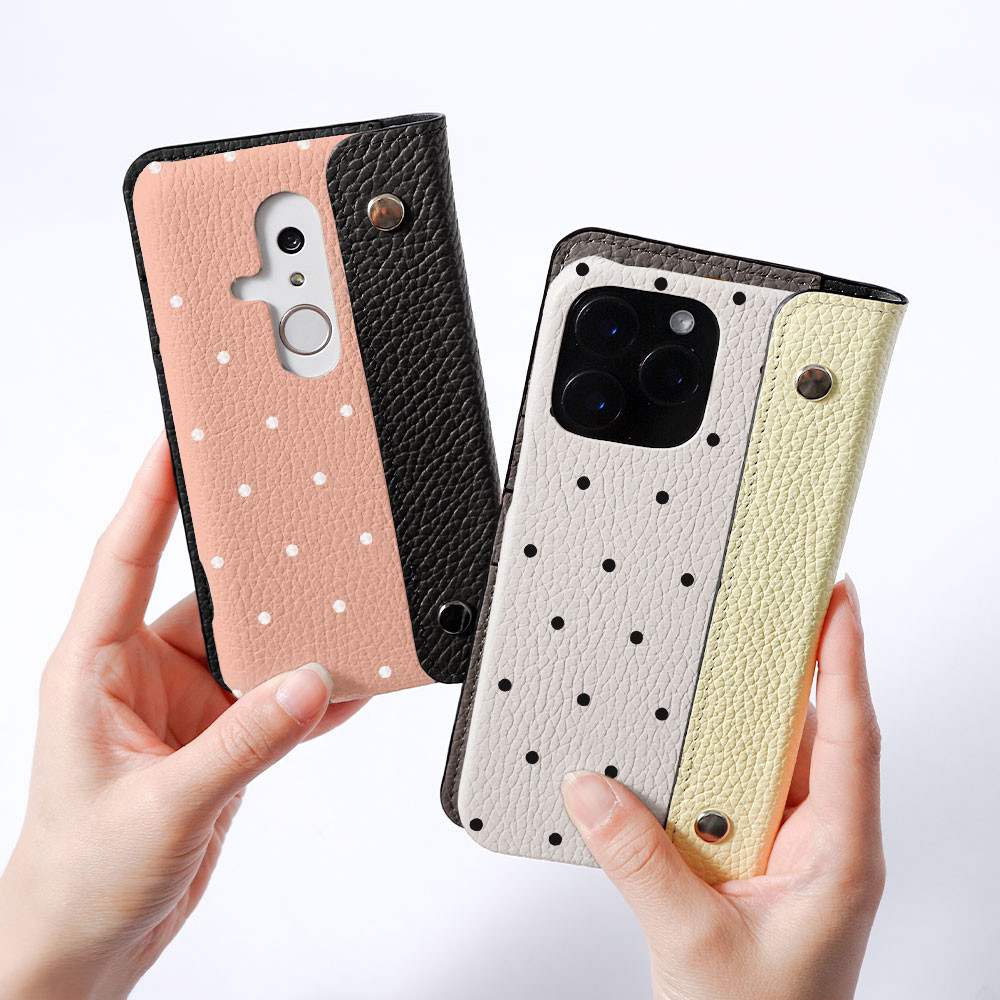 2way スマホケース　ドット柄　バイカラー ポケット　本革　レザー　iPhone　Android#mm00001697