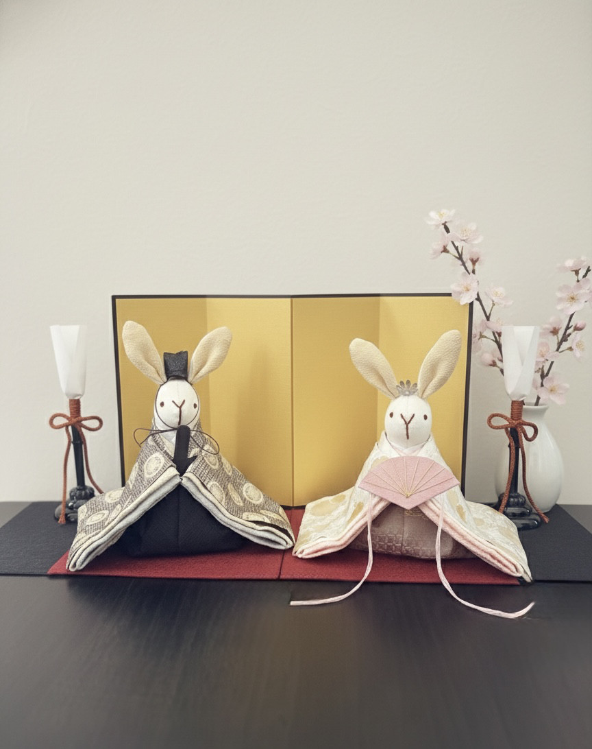 大きなサイズ　上品な金襴生地のお着物のうさぎの雛人形 (ひな人形、雛人形、お雛様)