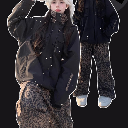 25-26限定 スノボウェア 上下セット ヒョウ柄 黒 撥水 3L メンズ