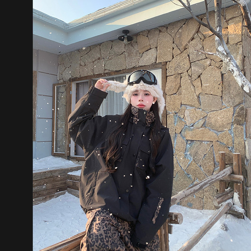 25-26限定 スノボウェア 上下セット ヒョウ柄 黒 撥水 3L メンズ