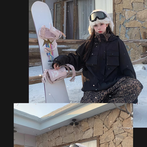 25-26限定 スノボウェア 上下セット ヒョウ柄 黒 撥水 3L メンズ