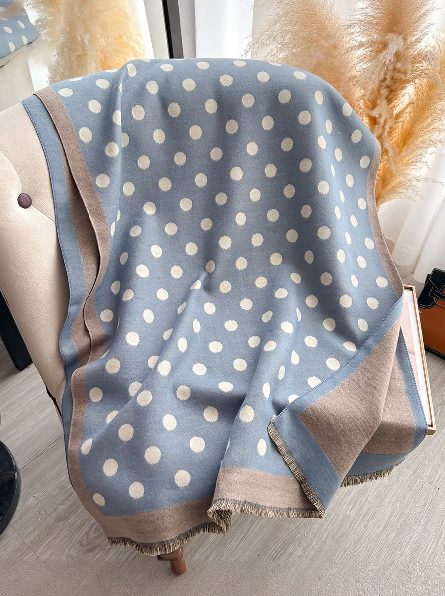 ドットのジャカード織大判ストール スモーキーブルー×ベージュピンク