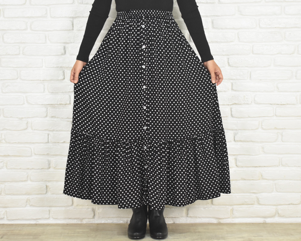 ♥再販♥黒ドットの大人ティアードスカート　水玉