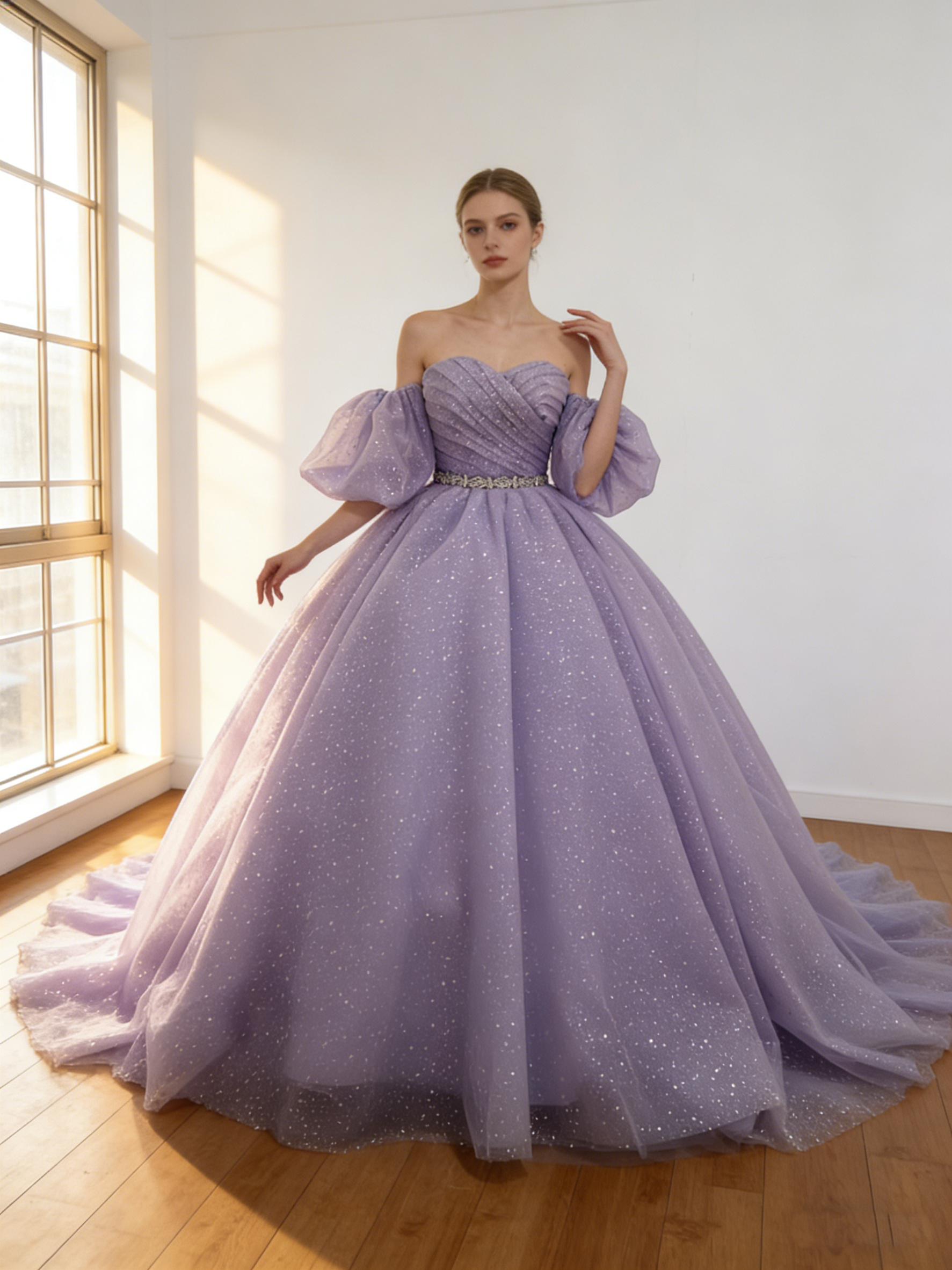 カラードレス   オーキッド   取り外し可能な付け袖   シークインチュール   華やかなトレーン   色直し   結